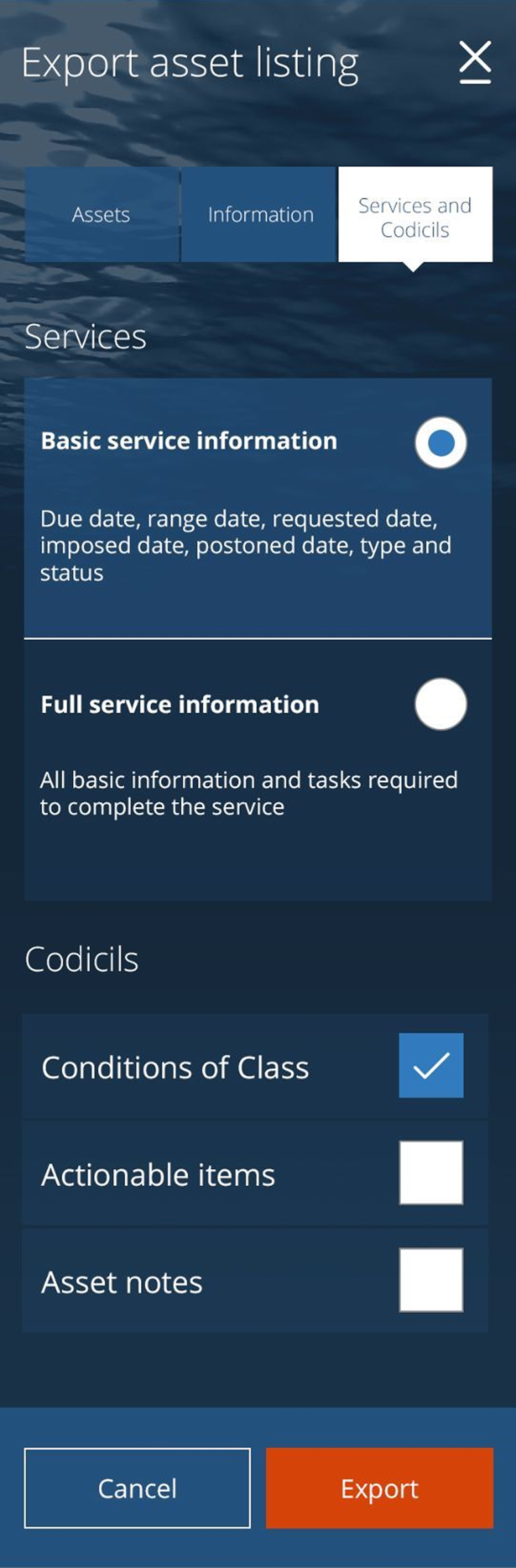 Mobile · Export asset listing · Services and Codicils tab · Basic vs Full service information · Conditions of Class / Actionable items / Asset notes toggles