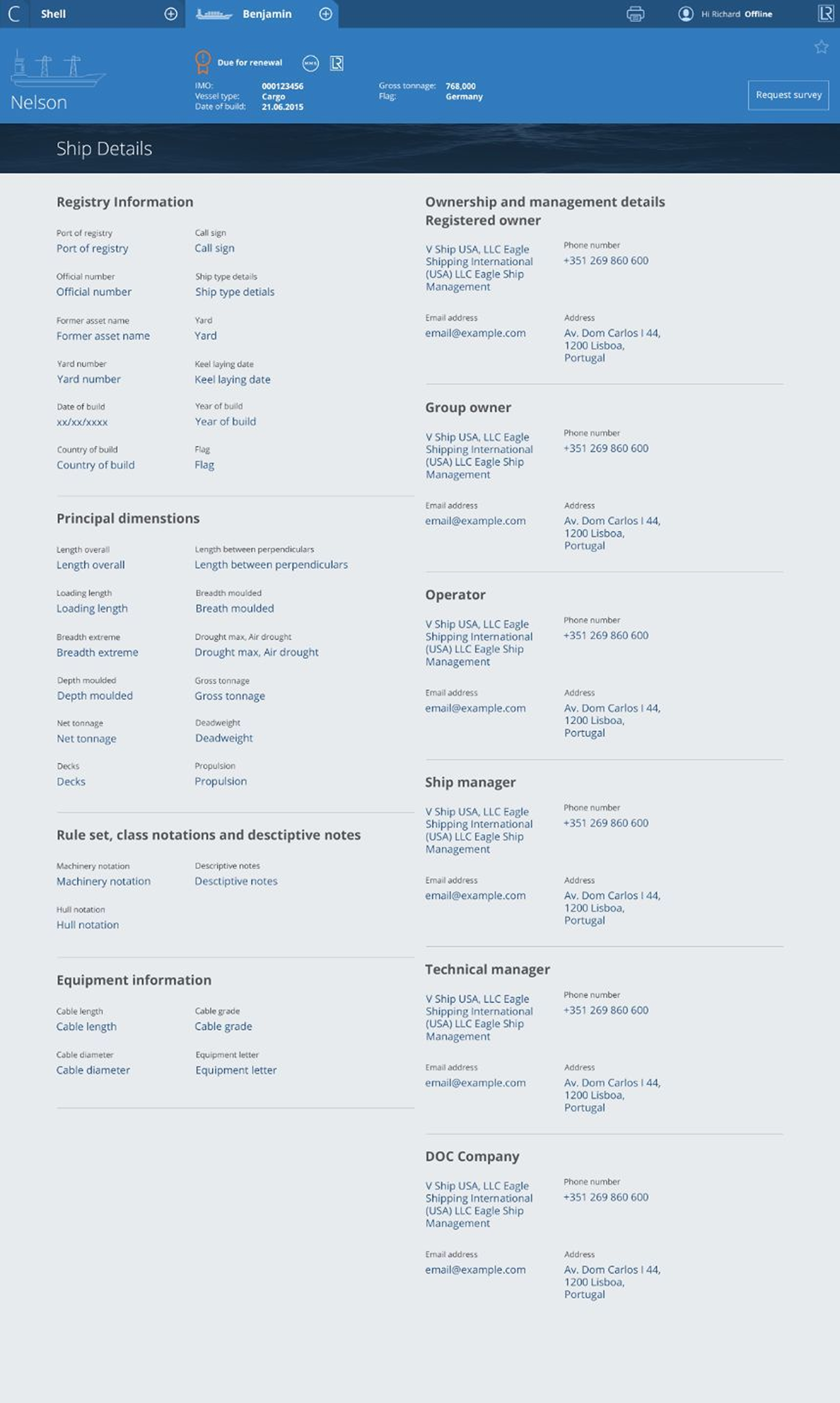 Production · Ship Details · Nelson container · Registry, Principal Dimensions, Rule set, Equipment information, five-block Ownership and Management panel · multi-vessel tabbed shell