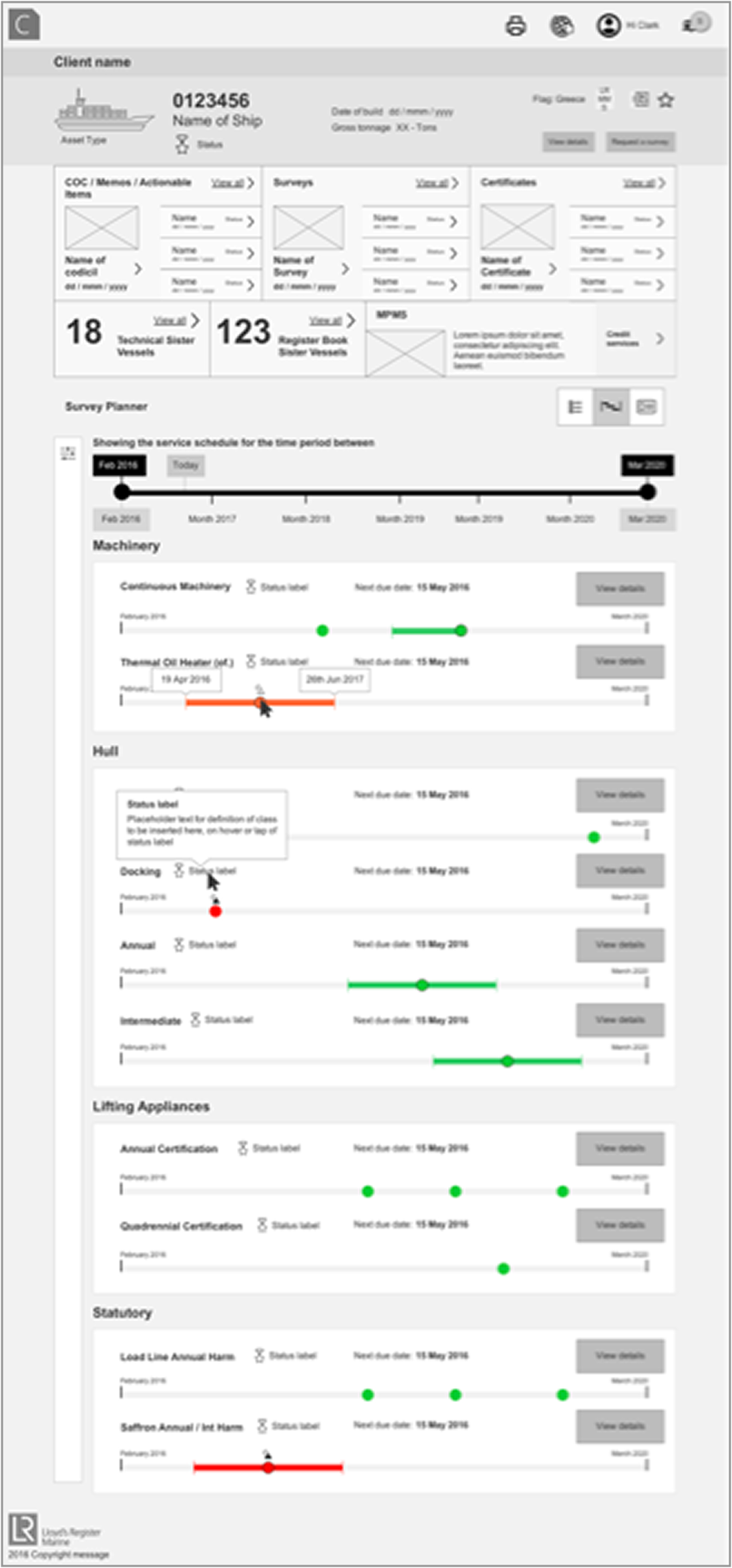 Ship Details wireframe · COC/Memos · Surveys · Certificates cards · sister-vessel count tiles · multi-year Survey Planner across Machinery, Hull, Lifting Appliances, Statutory