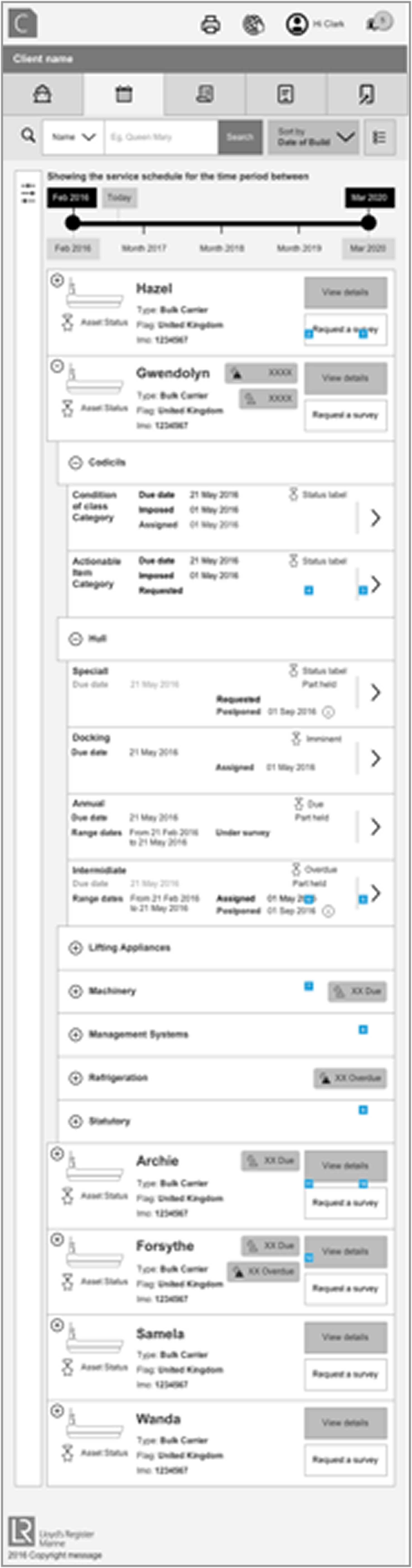 Mobile Survey Planner · stacked vessel cards (Hazel, Gwendolyn, Archie, Forsythe, Samela, Wanda) · expandable Codicils, Hull, Machinery, Refrigeration, Statutory · status inline