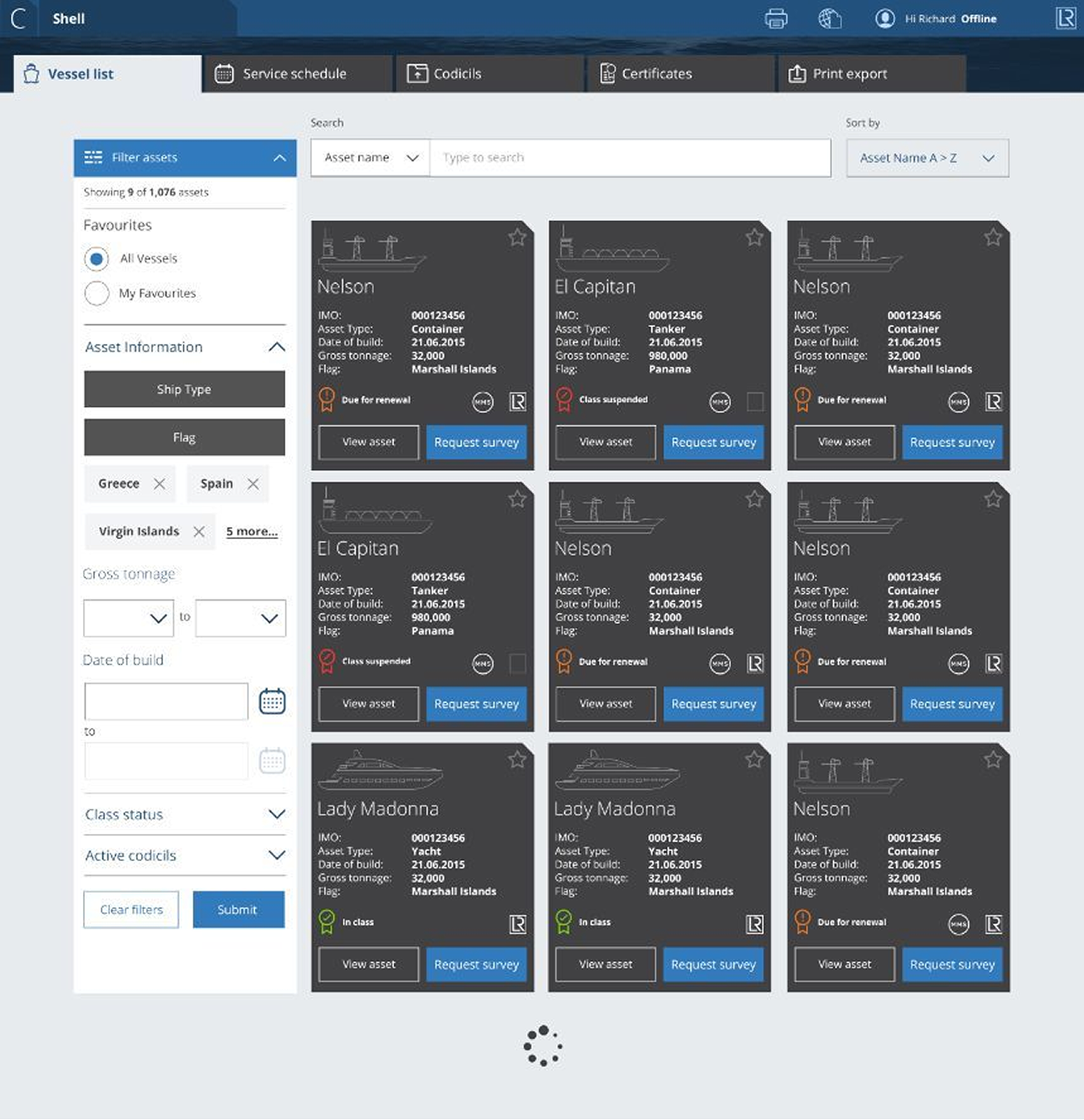 Production · Vessel list · "Showing 9 of 1,076 assets" · Shell client shell · filter sidebar · grid of asset cards (El Capitan, Nelson, Lady Madonna) with status badges and View asset / Request survey actions