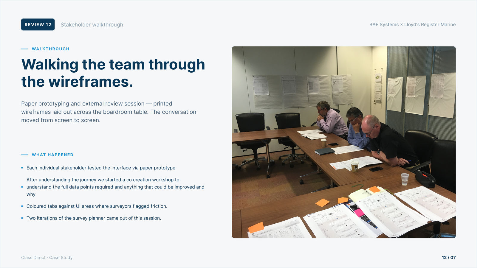 Stakeholder walkthrough · printed wireframes laid out across the boardroom table · two iterations came out of this session