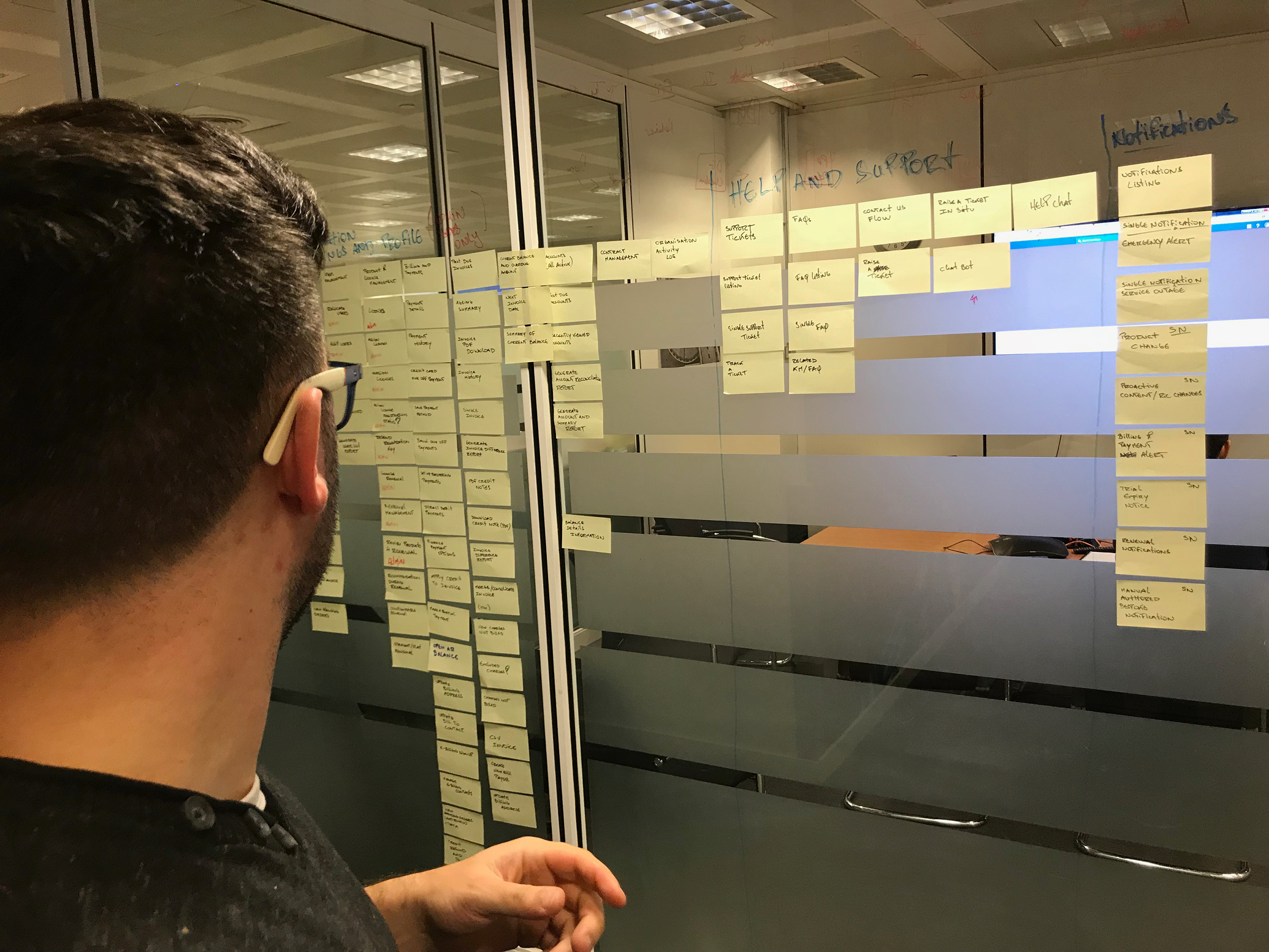 Sticky-note wall · grouped by user task