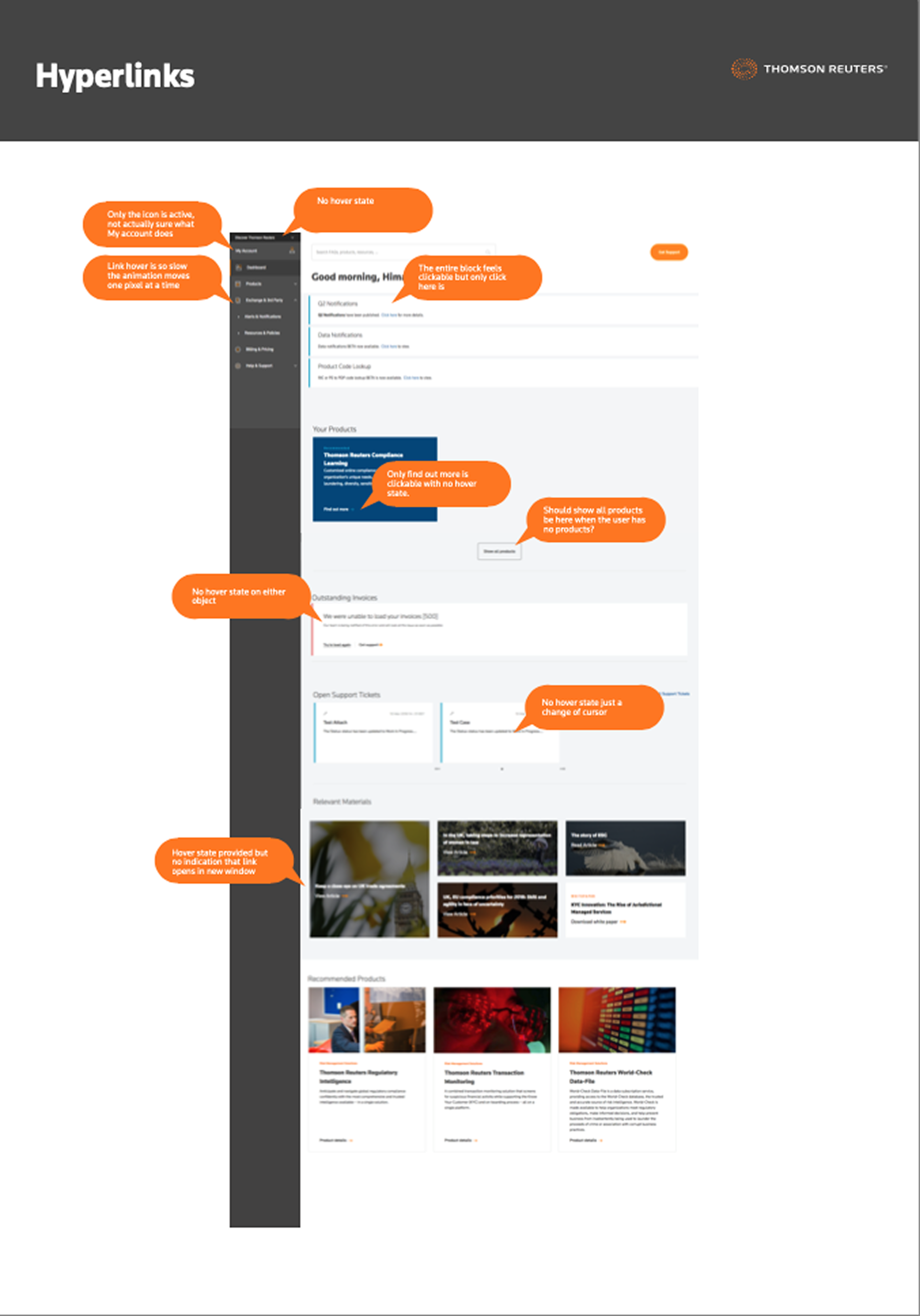 Heuristic shortfalls · orange callouts on homepage · broken hover states