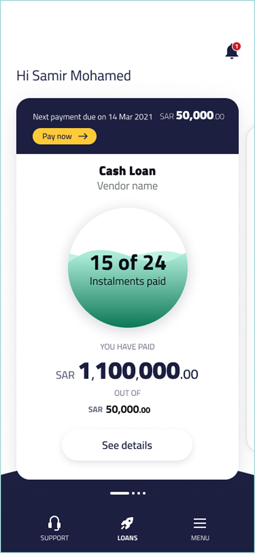Healthy mid-progress · 15 of 24 · navy header band surfaces "Pay now" · EN (LTR)