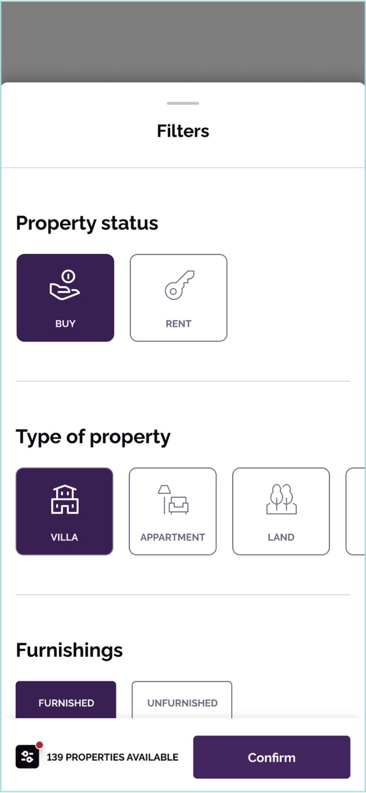 Filters · Buy / Rent · Villa / Apartment / Land · EN (LTR)