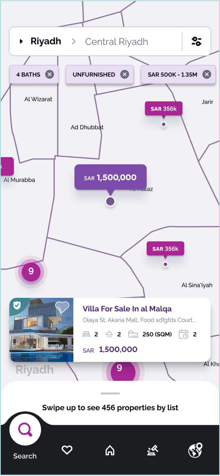 Map view · clustered price pins · active filter chips · EN (LTR)