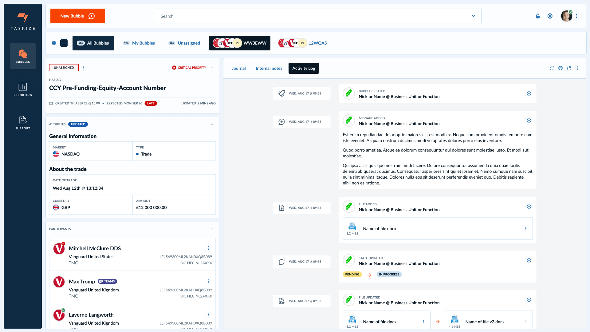 Bubble detail · Activity Log mode · structured artefact: typed attributes, participants with affiliation, typed events