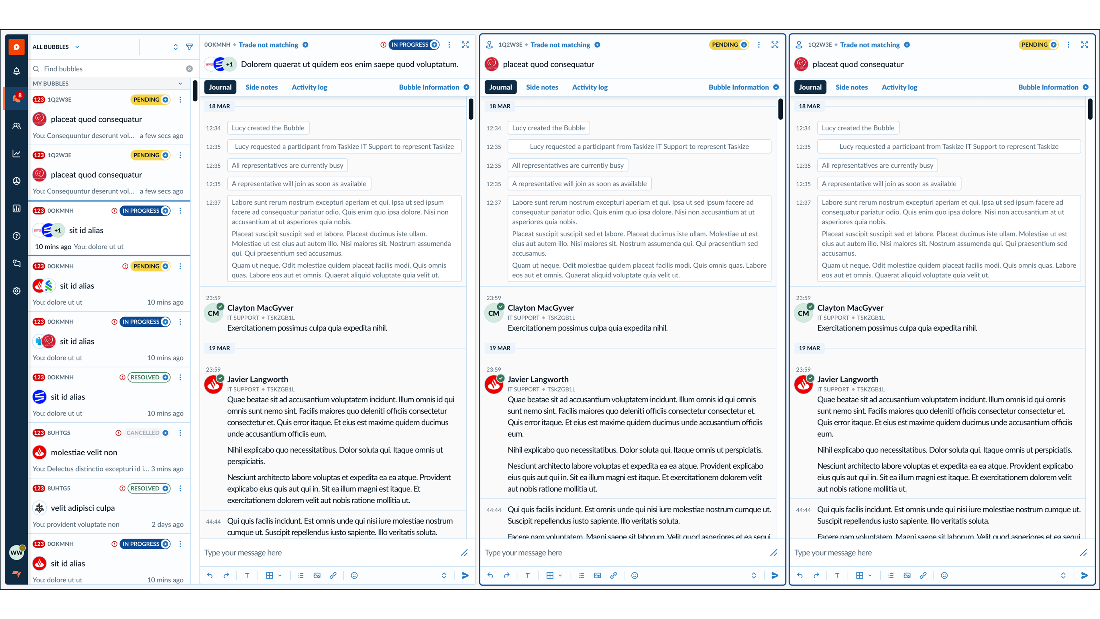 After · refreshed light-theme Bubble triplet · Journal / Side notes / Activity log · same module, redesigned