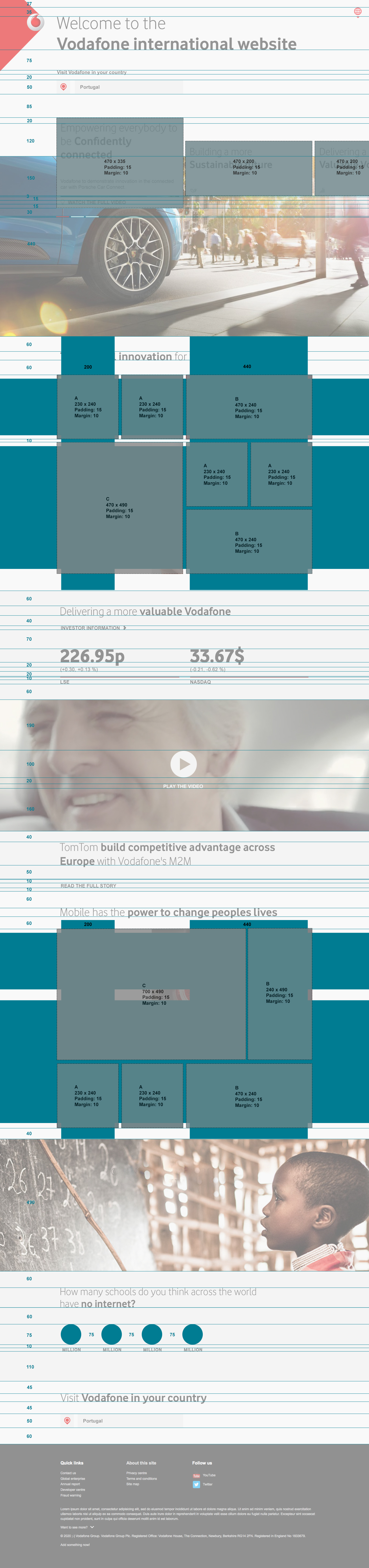 Homepage grid · desktop · padding, margin and block sizing annotated to spec